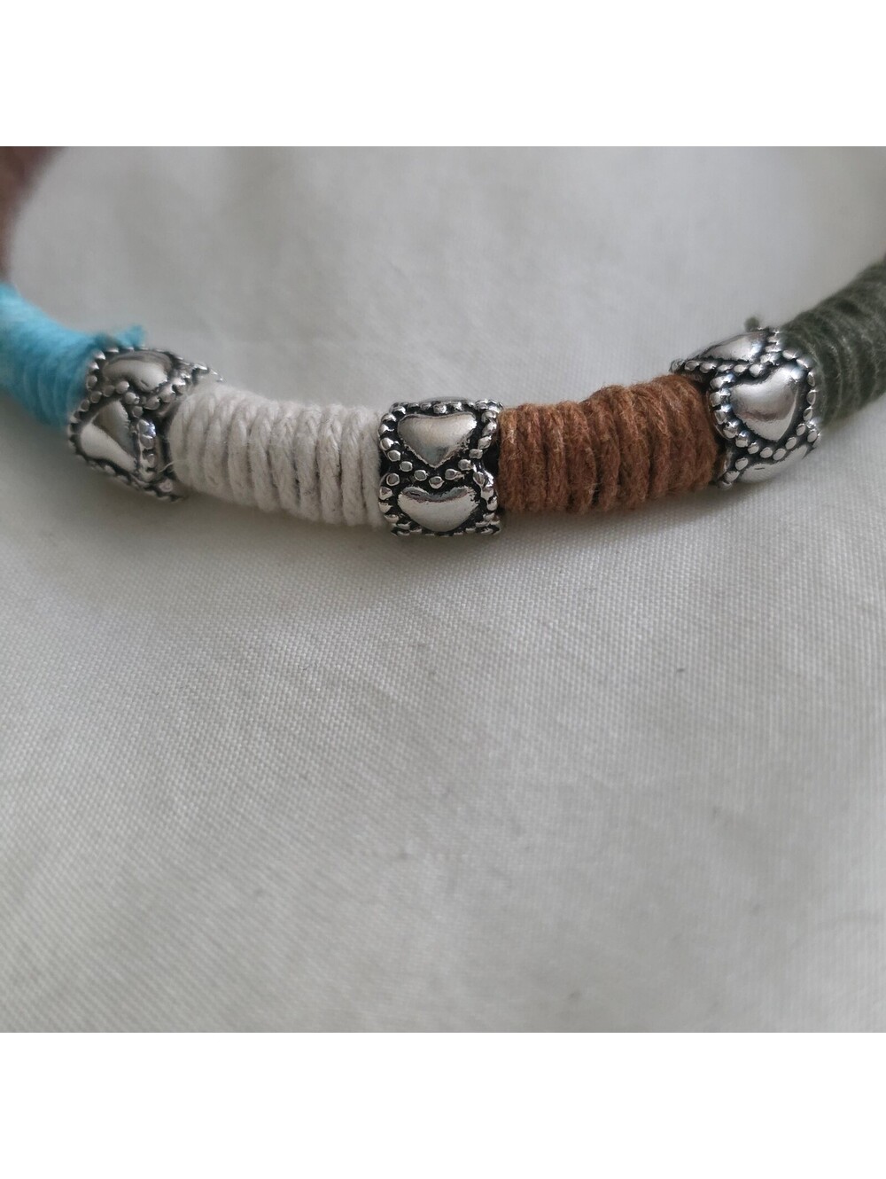 Multicolor Wrapped Cord Bracelet with Silver Heart Beads